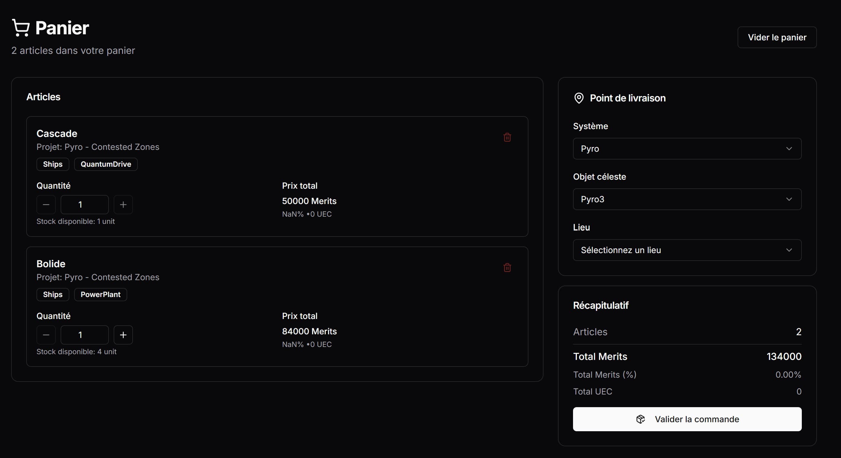 Cart — items, quantities, delivery location