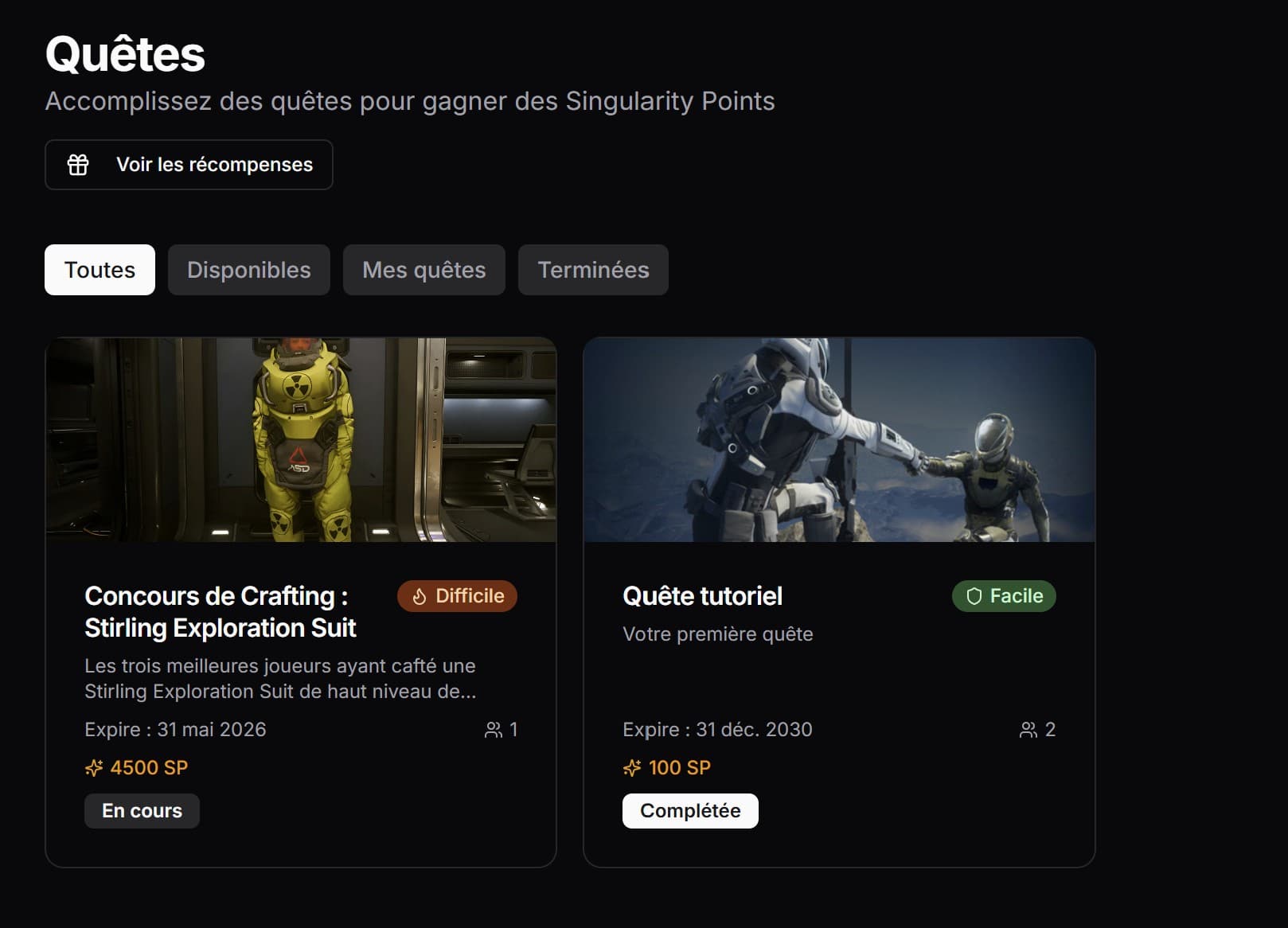 Quest browser — difficulty filters, SP balance