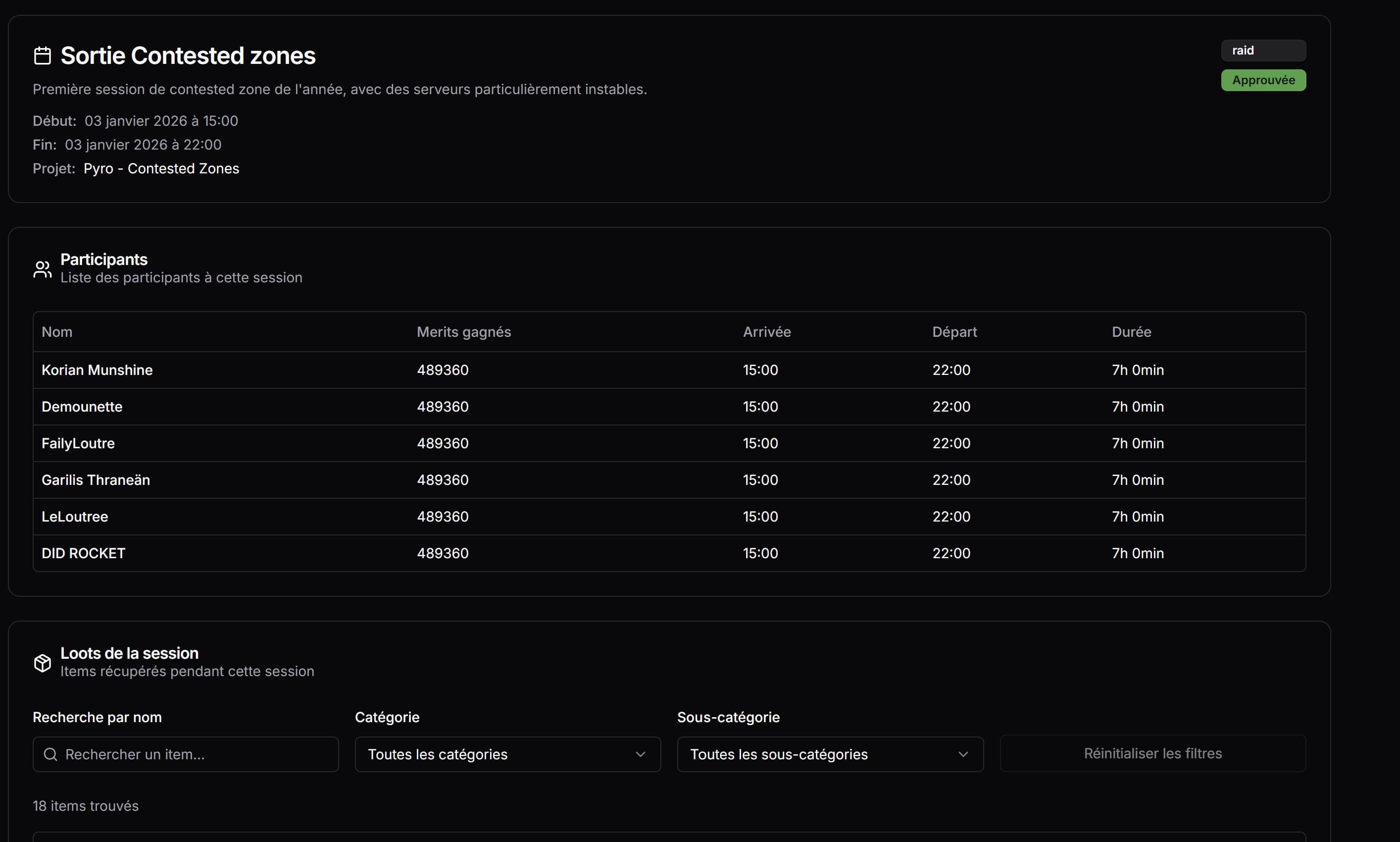 Session details — loot table with filters