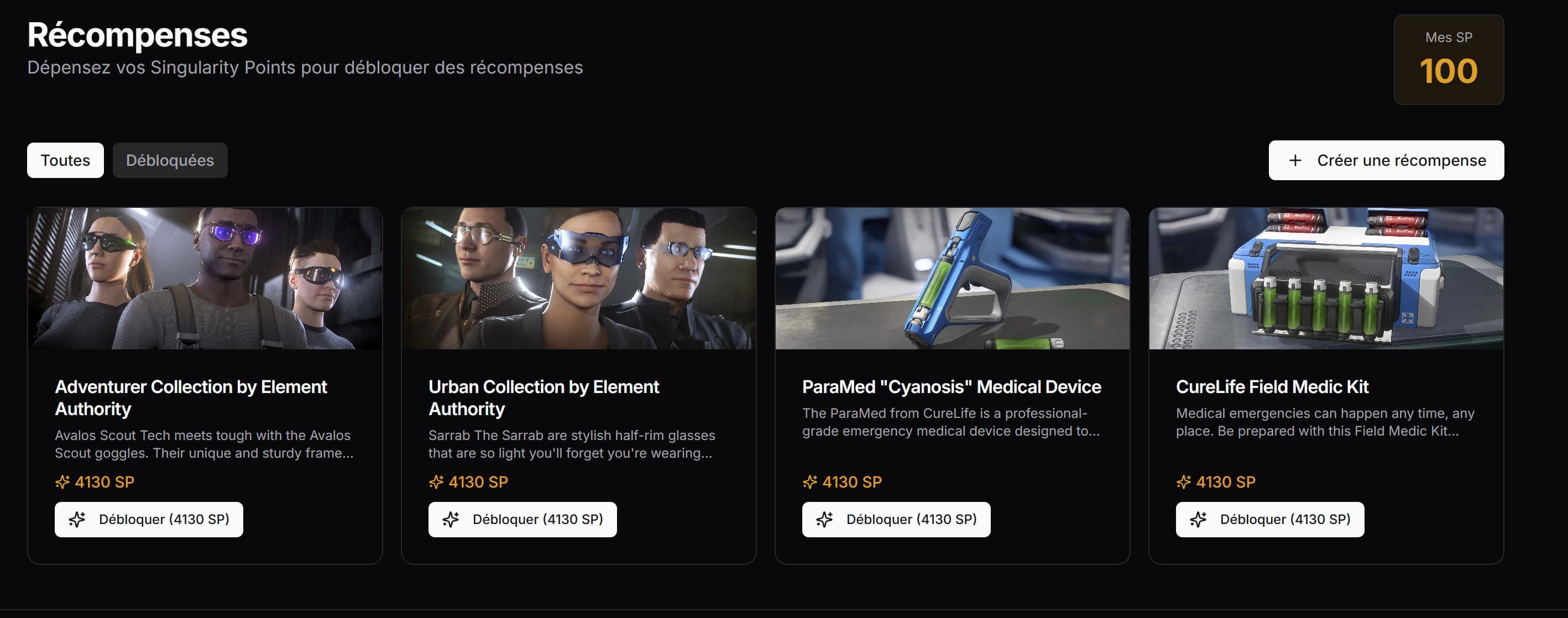 Rewards shop — unlock with Singularity Points