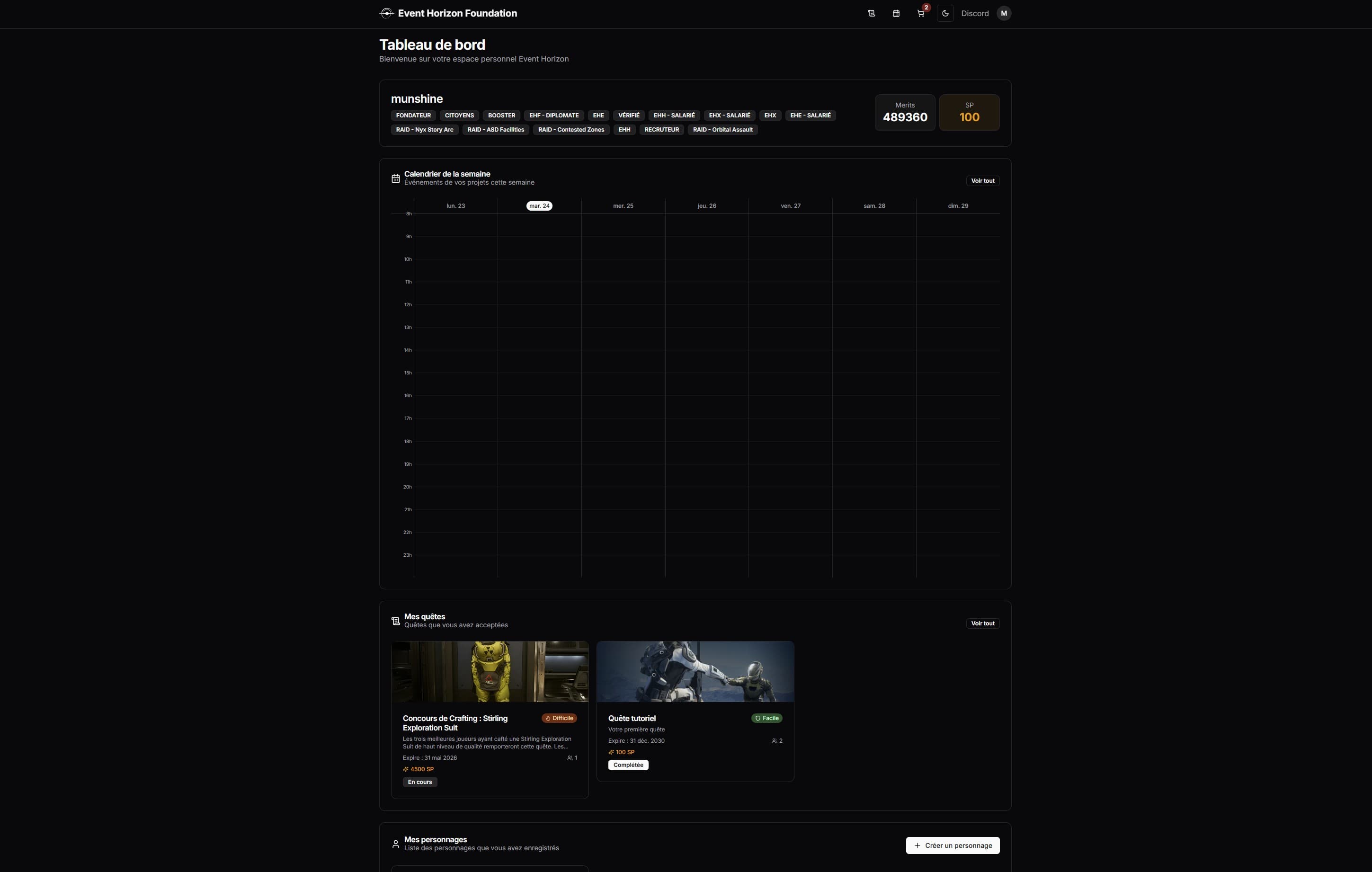 Dashboard — profile, merits, widgets
